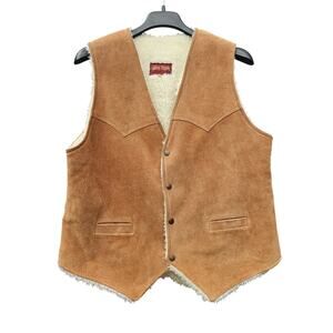 Vintage Chevalier Suede Leather Western Vest Sherpa Lined Tan Size 46 Cowboy